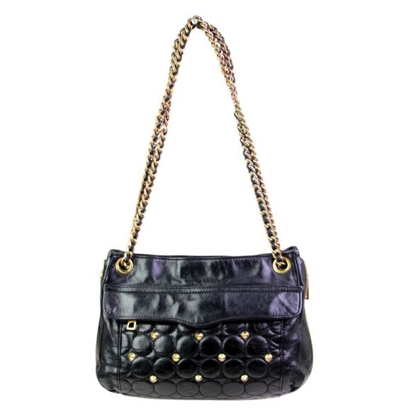 Rebecca Minkoff QUILTED BLACK GENUINE LEATHER STUDS CHAIN SHOULDER BAG PURSE - Picture 5 of 16